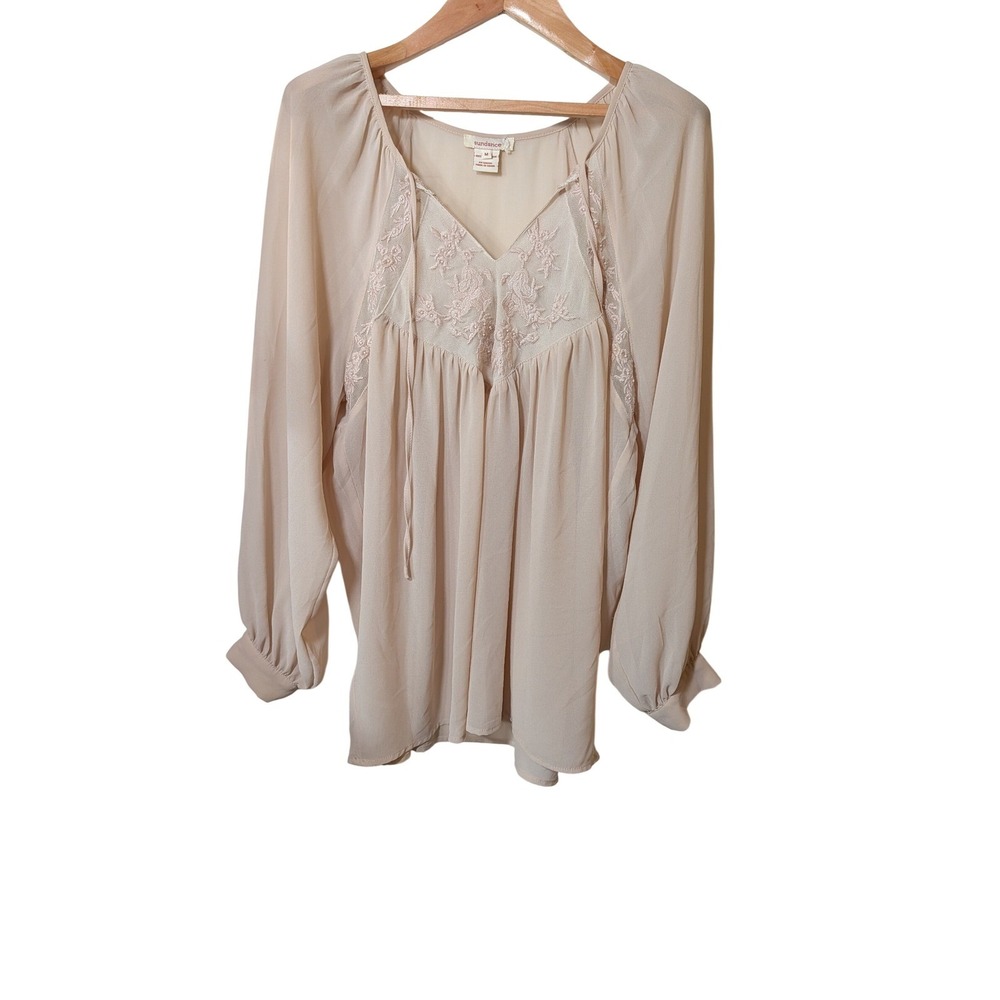 Sundance Blush Pink Embroidered Mesh Yoke Peasant Blouse Medium Boho V-Neck Top